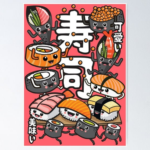Poster Sushi Kawaii Poster - No Framed, Vintage Wall Art, Hot Trend!, 8x12