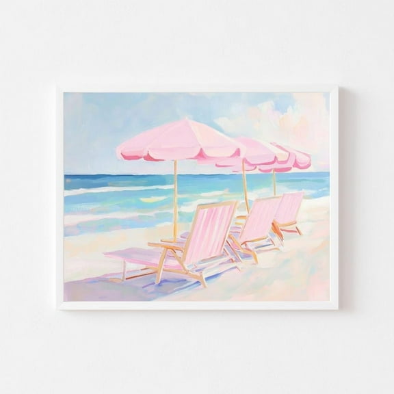 Kna Prints - Three Pink Beach Chairs And Umbrellas Painting Coastal House Wall Art Print Pastel Summer Colorful Shore Wall Art Decor For Home Office, UNFRAMED-8x12