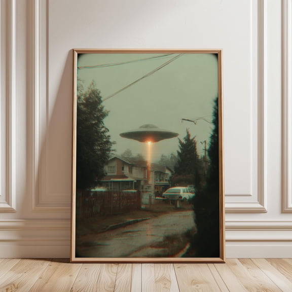 Poster With Ufo Over City Street In Cinematic Atmospheric Style, Wall Art, Home Decor, Art Print, Stylish Wall Decoration For Minimalist Apartment Living Room Bedroom , Unframed Poster 8X10