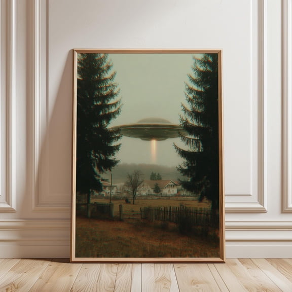 Poster With Ufo Over Forest Trees In Cinematic Atmospheric Style, Gallery Decor, Modern Poster, Room Aesthetic, Artistic Home Accent For Modern Bedroom Studio Apartment, Unframed Poster 8X10