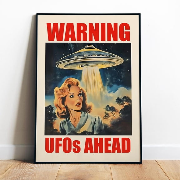 Poster Ufos Ahead Poster Printable Alien Decor Funny Retro Print Ufo Digital Alien Abduction Site Sign Sci Fi Art Print Flying Saucer Art - No Framed, Vintage Wall Art, Hot Trend!, 12x18