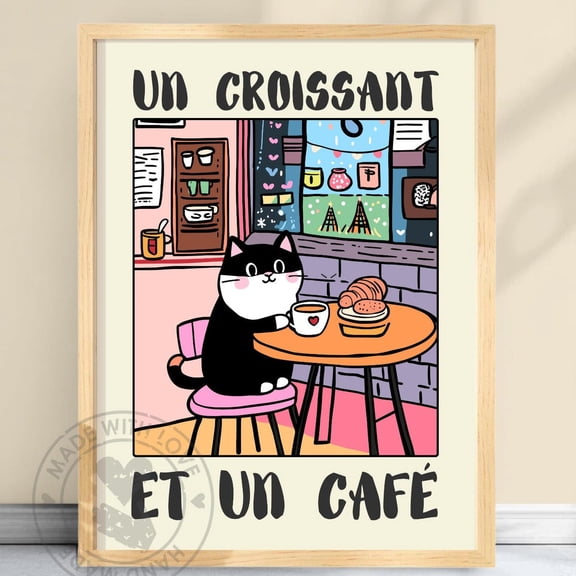 Poster Un Croissant Et Un Caf㩠€“ Funny Cat Poster, French Breakfast Art, Cute Kitchen Wall Decor, Feline Print, Vintage Bistro Illustration #Uncafe - No Framed, Vintage Wall Art, Hot Trend!, 8x12