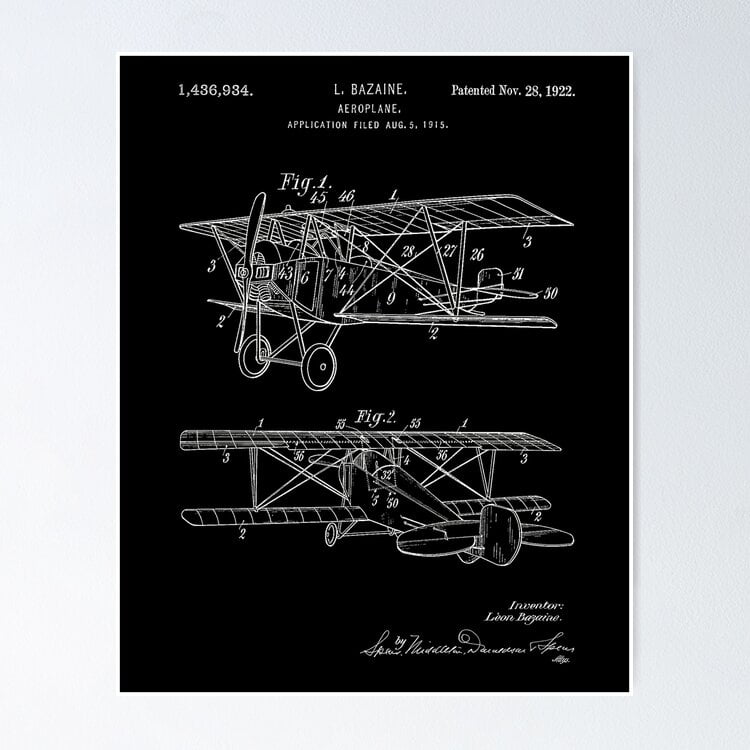 Poster Vintage 1922 Airplane Patent Blueprint - Aviator & Pilot Art ...