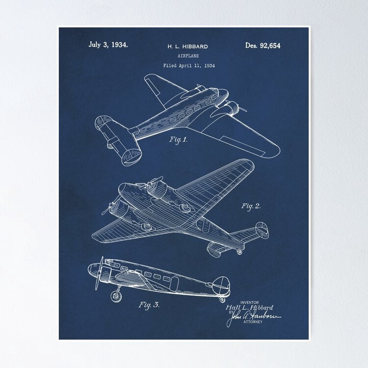 Poster Vintage 1934 Airplane Patent Blueprint - Aviator & Pilot Art ...