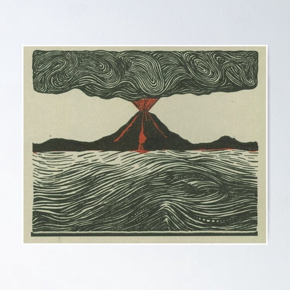 Poster Volcano Woodcut - No Framed, Vintage Wall Art, Trendy Retro Print, Positive Quote Poster, Room Decor, Wall Art, 8x12