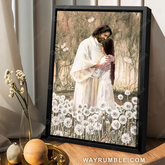 Poster Walking with Jesus, Pretty dandelion field, The world in his arm - Jesus Portrait Poster Prints, Christian Wall Art WINXIE DECOR - 12X18, UNFRAMED