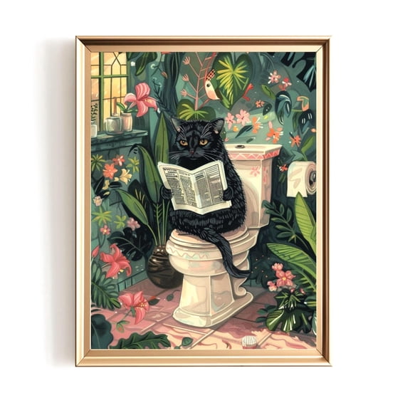 Poster Wall Art – Black Cat Reading Newspaper In Whimsical Floral Bathroom, Unframed Canvas Size 16x24 F03.1.22l1233