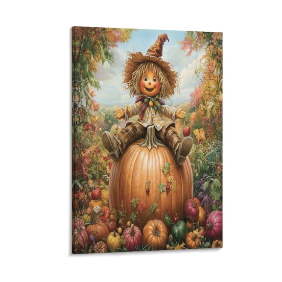 Poster Wall Art Decor Print Autumn Harvest Fruits And Vegetables with Scarecrow Canvas Wall Art Happy Harvest Pumpkins Canvas Print Funny Bathroom Wall Art Decor 20x30inch Framed Artwork