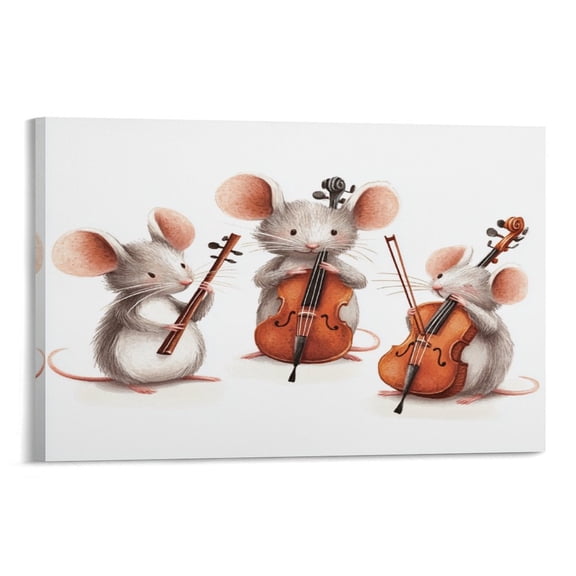 Poster Wall Art Decor Print Mouse Playing Musical Instruments Wall Art Pictures Rat & Musical Instrument Canvas Prints for Home Office Decorations Wall Decor 08x12inch Framed Artwork