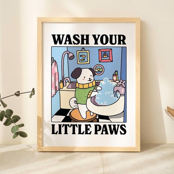 Kna Prints - Wash Your Paws Dog Print, Cute Bathroom Poster, Wash Room Childrens Washing Up Posters, Kawaii Prints Decor, Unique Cats Art, Unframed, Decor For Living Room Bedroom, UNFRAMED-12x18