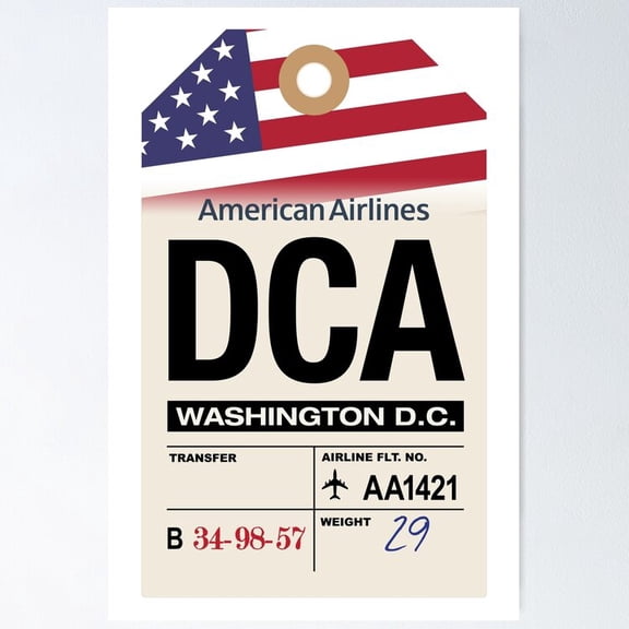 Poster Washington Reagan National (Dca) D.C. Airline Luggage Tag - No Framed, Vintage Wall Art, Trendy Retro Print, Positive Quote Poster, Room Decor, Wall Art, 8x12