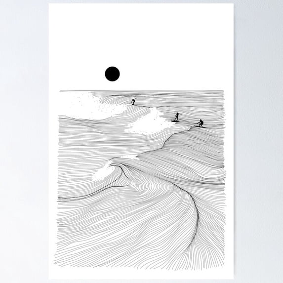 Poster Waves Line Art - No Framed, Vintage Wall Art, Trendy Retro Print, Positive Quote Poster, Room Decor, Wall Art, Poster Only