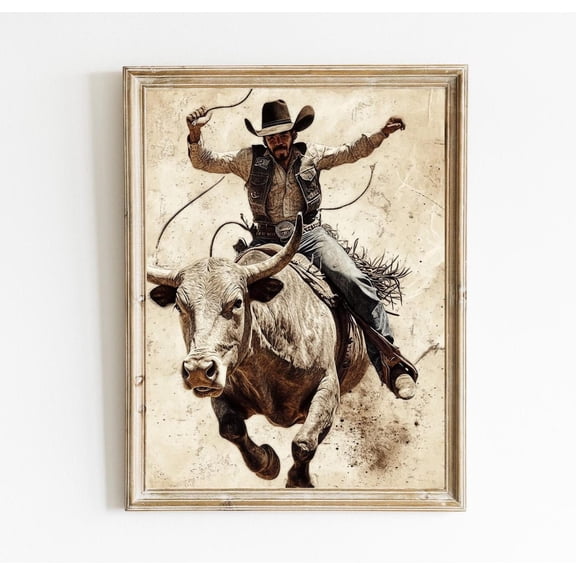 Poster Western Art Cowboy Riding Bucking Bull Wall Art Poster Vintage Horse Art Rustic Horse Lover Rodeo Decor Poster E731, Unframed Poster Size 8x12 F03.1.18l381