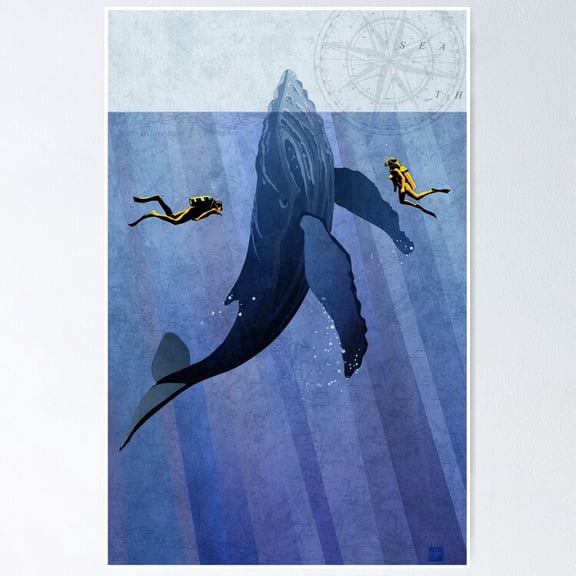 Poster Whale Scuba Divers - No Framed, Vintage Wall Art, Trendy Retro Print, Positive Quote Poster, Room Decor, Wall Art, 8x12