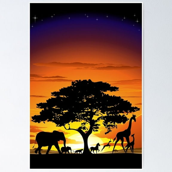 Poster Wild Animals On African Savanna Sunset - No Framed, Vintage Wall Art, Trendy Retro Print, Positive Quote Poster, Room Decor, Wall Art, 8x12