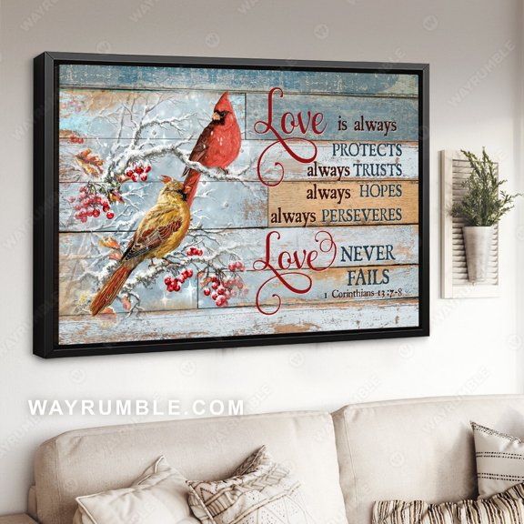 Poster Winter forest, Lucky cardinal, Fresh cranberry, Love is always protects - Jesus Poster Prints, Home Decor Wall Art WINXIE DECOR - 8X12, UNFRAMED