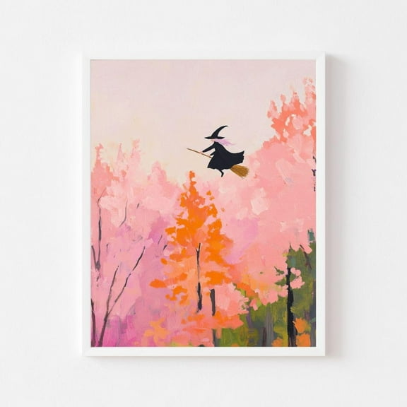Kna Prints - Witch Flying Across Autumn Trees Painting Girly Pink Hocus Pocus Wall Art Print Spooky Cute Fall, UNFRAMED-8x12