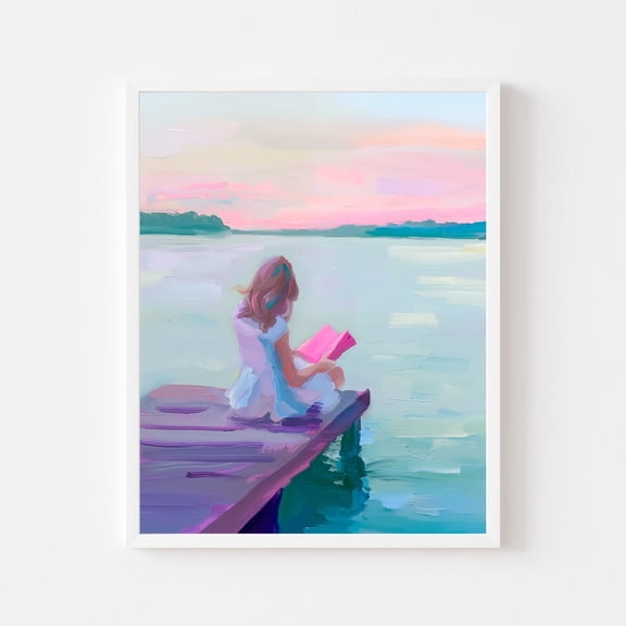 Kna Prints - Woman Reading Book Painting Summer Lake House Dock Wall Art Print Colorful Neon Pastel Beach Coastal Sunset For Home Decor UNFRAMED-8x12