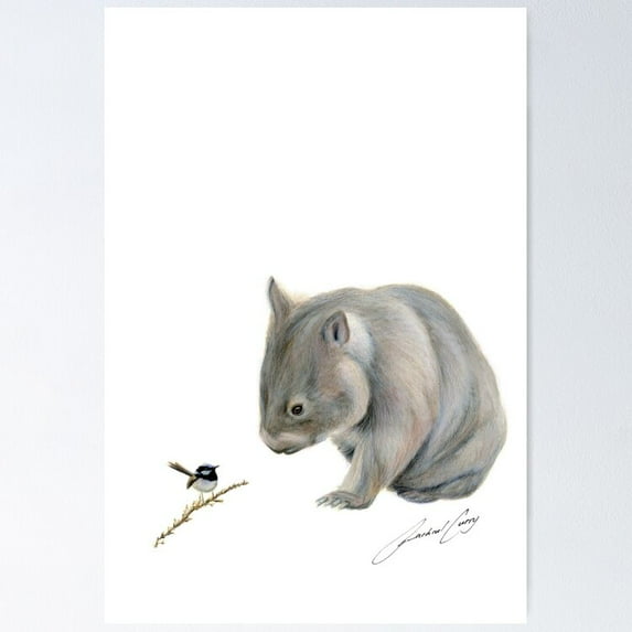Poster Wombat And Blue Wren Friends With Signature. Superb Blue Fairy Wren. - No Framed, Vintage Wall Art, Trendy Retro Print, Positive Quote Poster, Room Decor, Wall Art, Poster Only