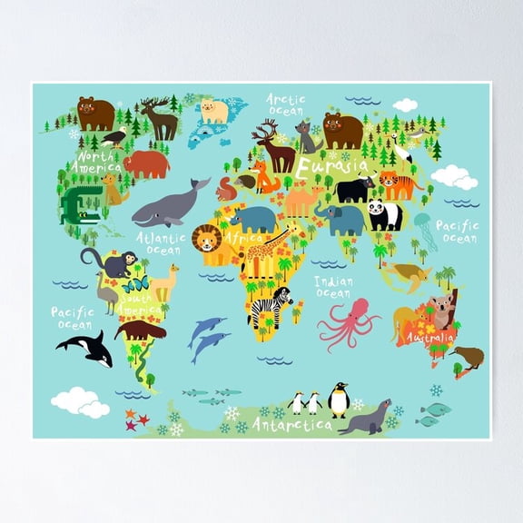 Poster World Animal Map - No Framed, Vintage Wall Art, Trendy Retro Print, Positive Quote Poster, Room Decor, Wall Art, 24x36