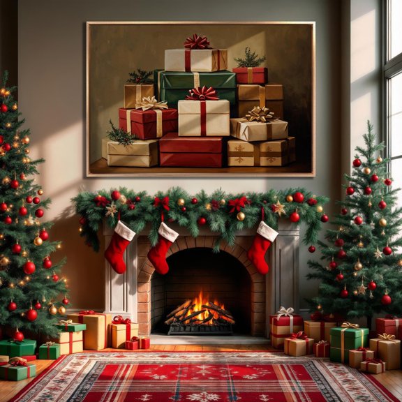 Poster Wrapped Presents Wall Art Festive Boxes Decor Decoration Poster Ready To Hang, Unframed Canvas Size 16x24