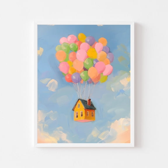 Kna Prints - Yellow House & Balloons Painting Up In The Clouds Art Print Whimsical Colorful Kid'S Room Playroom Nursery For Home Decor, Living Room, Bedroom, Office, UNFRAMED-8x12