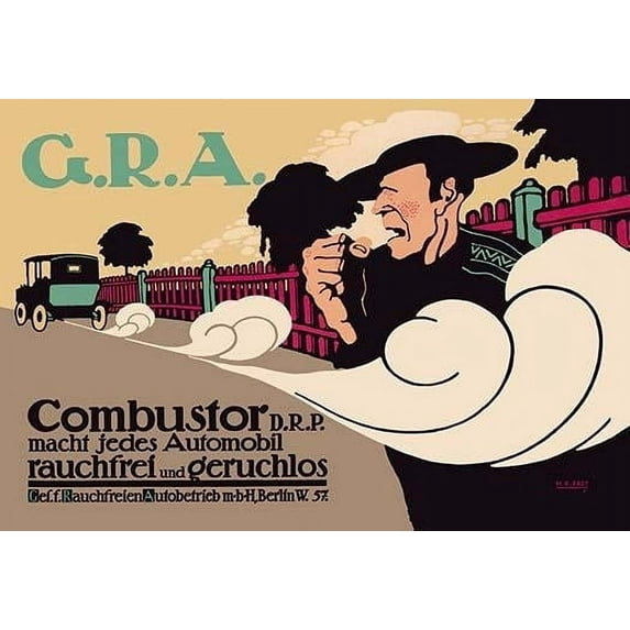 Poster advertising an automobile accessories company, "GRA combustor DRP makes every car smoke-free and odorless." Hans Rudi Erdt was a