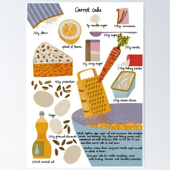 Poster carrot, cake, food, carrot cake, carrot cake, dessert, sweet, vintage, retro, cute, carrots, baking, chocolate, easter - Unframed Poster, 12x18