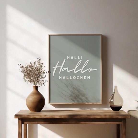 Poster "halli Hallo Hello" Green Blue Grey, Poster Hallway and Entrance Area Stripes Saying German, Poster Living Room , Poster Print Only