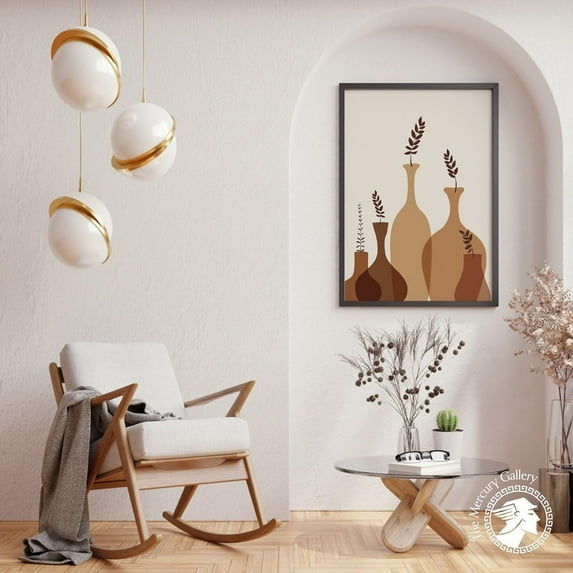 PosterArt Abstract Desert Still Life Poster, Neutral Boho Wall Art, Mustard Vase and Floral Pottery Design, 8x12 UNFRAMED