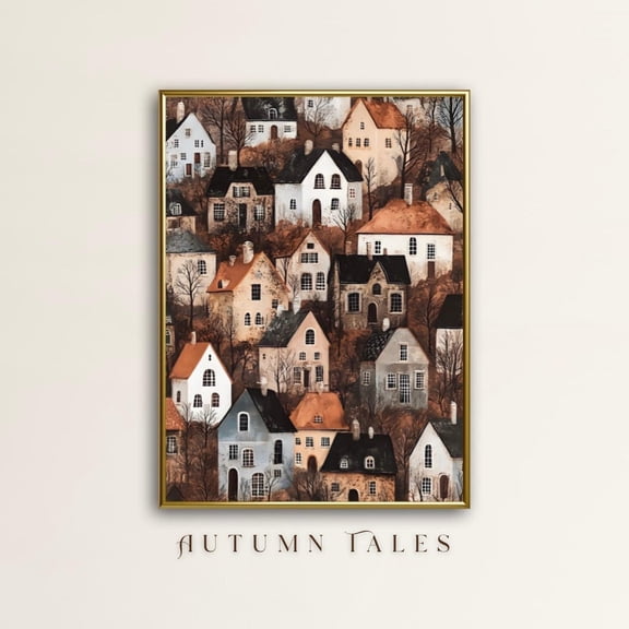 PosterArt Abstract Folk Art Fall Poster, Cozy Mountain Village Printable, Warm Toned Cottagecore Farmhouse Wall Art Decor, 8x12 UNFRAMED