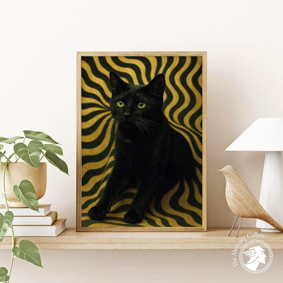 PosterArt Black Cat Art Print, Optical Illusion Retro Background, Psychedelic Cat Poster for Cat Lovers, 12x18 UNFRAMED