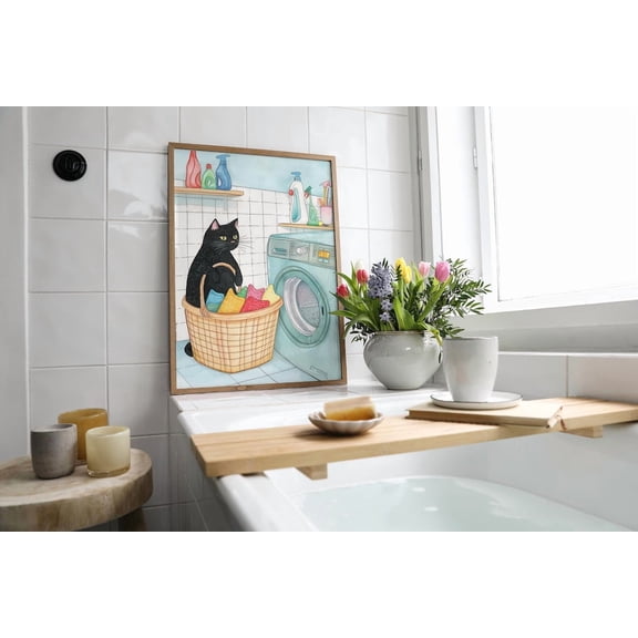PosterArt Black Cat Laundry Poster Wall Art, Cute Cat Illustration For Laundry Room Or Farmhouse Decor, 8x12 UNFRAMED