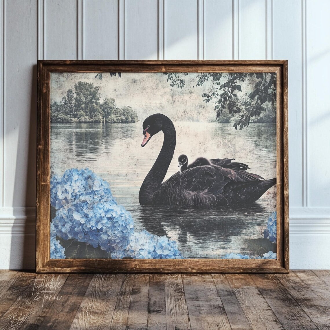 PosterArt Black Swan and Blue Hydrangeas Art Print Moody Floral Wall ...