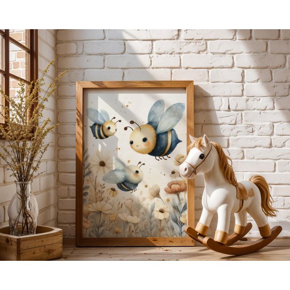 PosterArt Nordic Bees Poster Wall Art, Wildflowers Illustration For Minimal Neutral Nursery Decor, 8x12 UNFRAMED