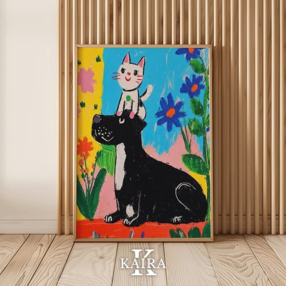 PosterArt Cat and Dog Friendship Art Print Poster Whimsical Pet Illustration, Size 8x12 UNFFRAMED