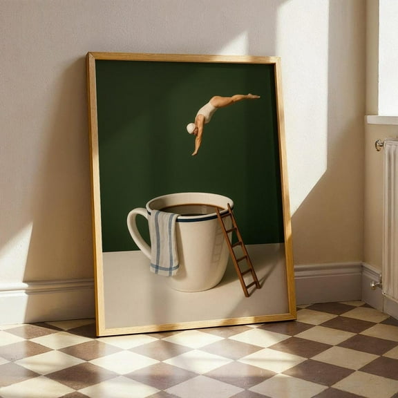 PosterArt Coffee Diver Poster, Surrealist Coffee Wall Art, Coffee Lover Gift, Modern Kitchen Poster, Morning Caffeine Decor, 12x18 UNFRAMED
