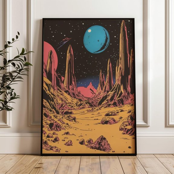 PosterArt Cosmic Landscape Poster, Surreal Mountains and Planets Retrofuturism Wall Art, 16x24 UNFRAMED