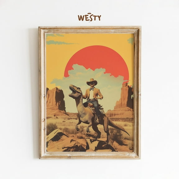 PosterArt Cowboy Riding Dinosaur Poster Western Sci-Fi Art Print Retro Surreal Wall Decor, Size 8x12 UNFFRAMED