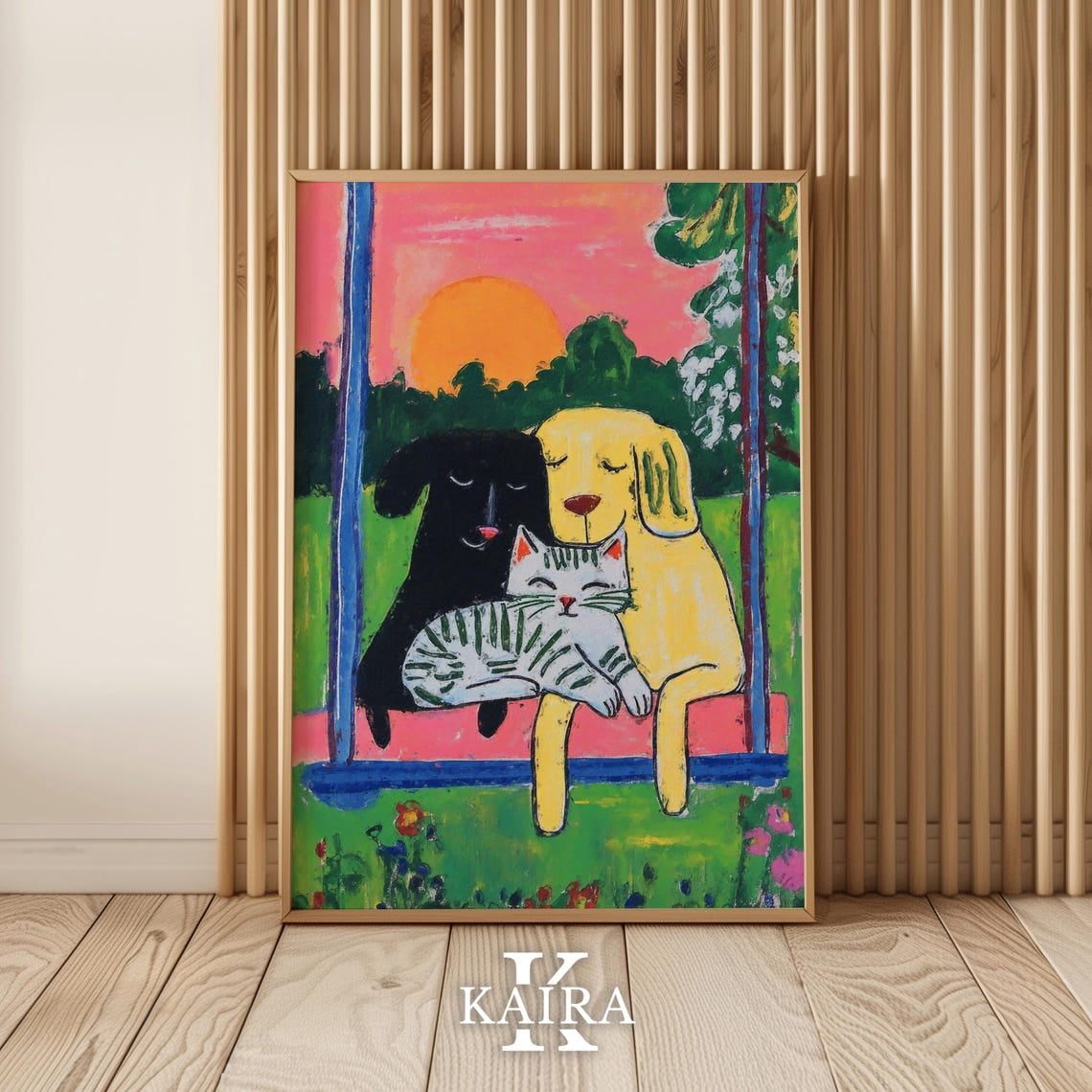 PosterArt Dog and Cat Sunset Art Print Poster Whimsical Pet ...