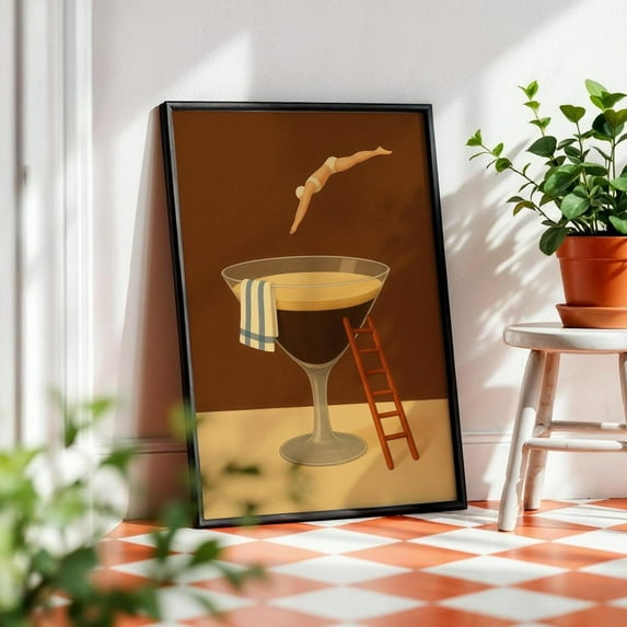 PosterArt Espresso Martini Diver Poster Wall Art, Surreal Coffee And Cocktail Illustration For Retro Bar Decor, 16x24 UNFRAMED