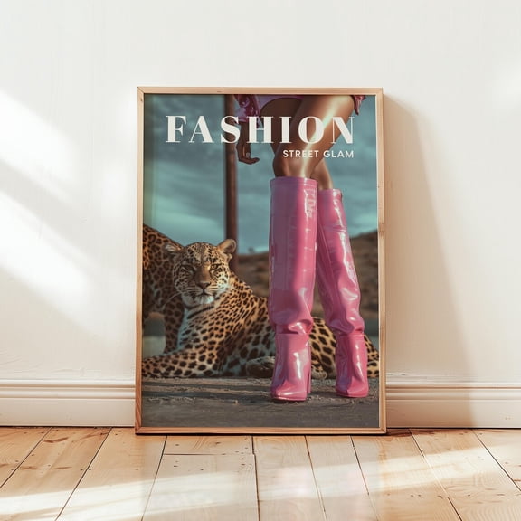 PosterArt Fashion Street Glam Leopard Art Print Pink High Heels Poster Modern Editorial Wall Décor Chic Luxury Animal Fashion Artwork, 8x12 UNFRAMED