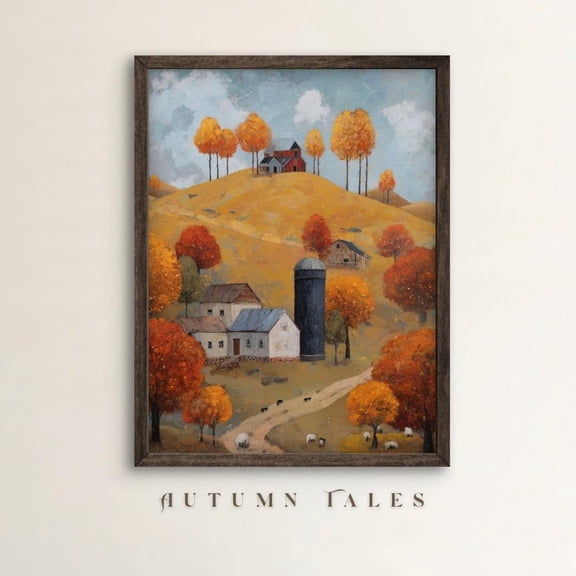 PosterArt Folk Art Fall Farmhouse Poster, Cozy Rustic Autumn Landscape Printable, Vintage Impressionist Home Wall Art, 16x24 UNFRAMED
