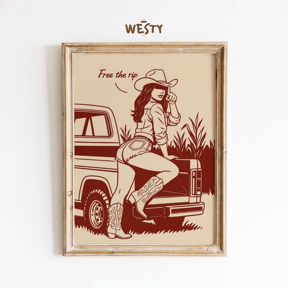PosterArt Free the Rip Poster Cowgirl with Truck Wall Art Poster Decor For Living Room Bedroom, Size 8x12 UNFFRAMED