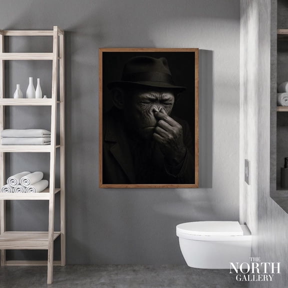 PosterArt Fun Monkey Detective Wall Art Noir Style Holding Nose Poster for Bathroom or Office Surreal Animal Print, Fun Gift, Size 24x36 UNFFRAMED