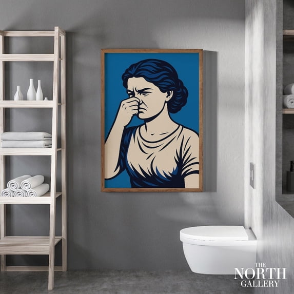 PosterArt Fun Pop Art Bathroom Poster Holding Nose Comic Style Print for Toilet Wall Decor Quirky Bold Graphic Art Gift, Size 12x18 UNFFRAMED