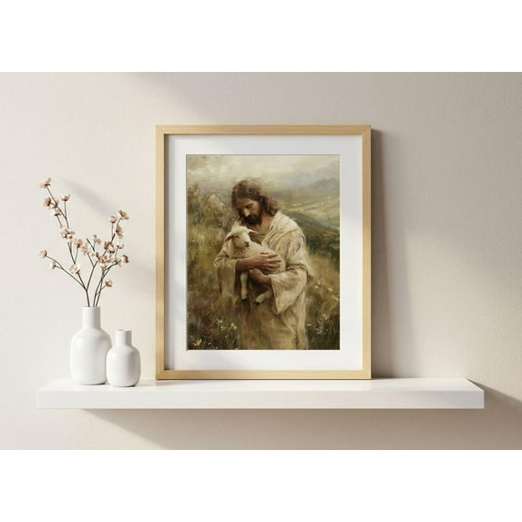 PosterArt Jesus with Lamb Poster Wall Art Good Shepherd Christian Artwork Neutral Modern Faith Decor Vintage Style, 24x36 UNFRAMED