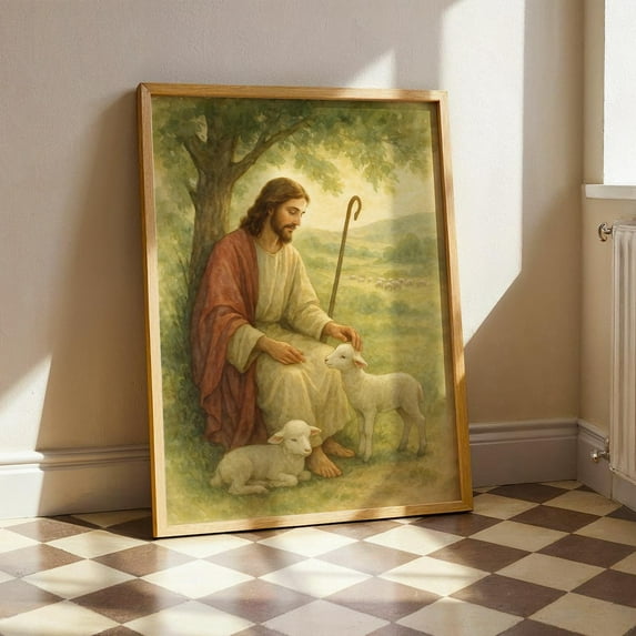 PosterArt Jesus with Lambs Poster, Christian Shepherd, Peaceful Pasture Wall Art, 8x12 UNFRAMED