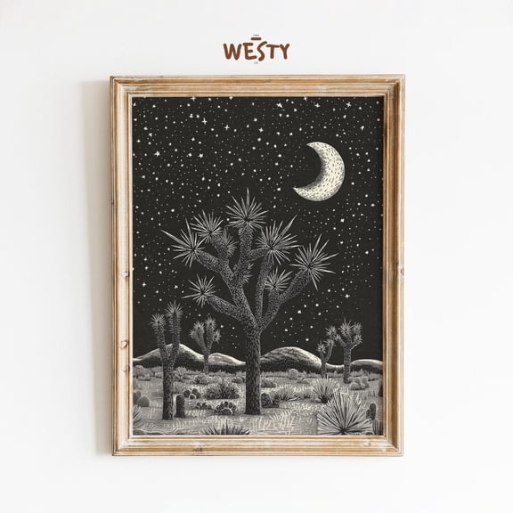 PosterArt Joshua Tree Desert Night Poster Western Black and White Minimalist Wall Art Starry Sky and Moon Illustration, Size 8x12 UNFFRAMED
