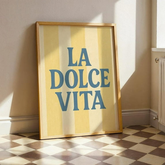 PosterArt La Dolce Vita Poster, Yellow and Blue Striped Wall Art, Vintage Summer Typography Poster, Italian Home Decor, 12x18 UNFRAMED